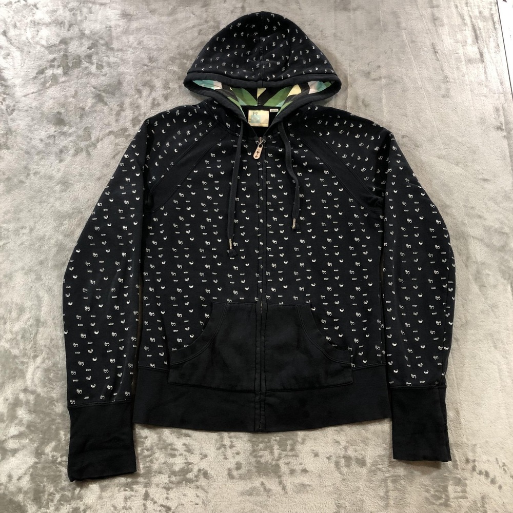 Vintage Roxy Hoodie Sweatshirt Womens Medium Black Zip All Over Print Y2K 2000s